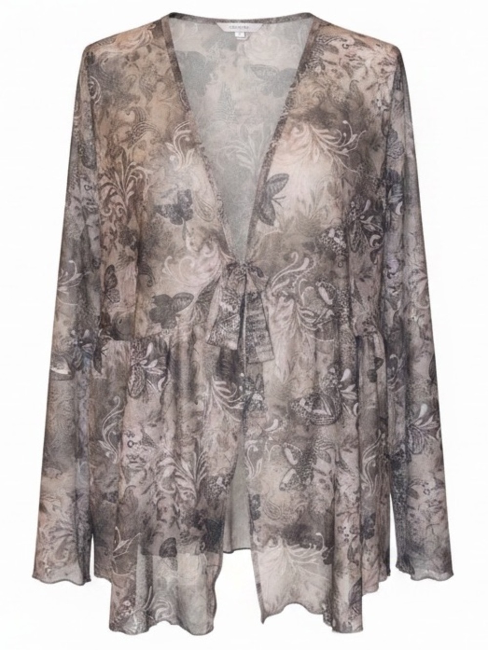 SHEIN Printed Chiffon Sheer Open Front Tie Blouse Floral Pattern Tan Size 4XL